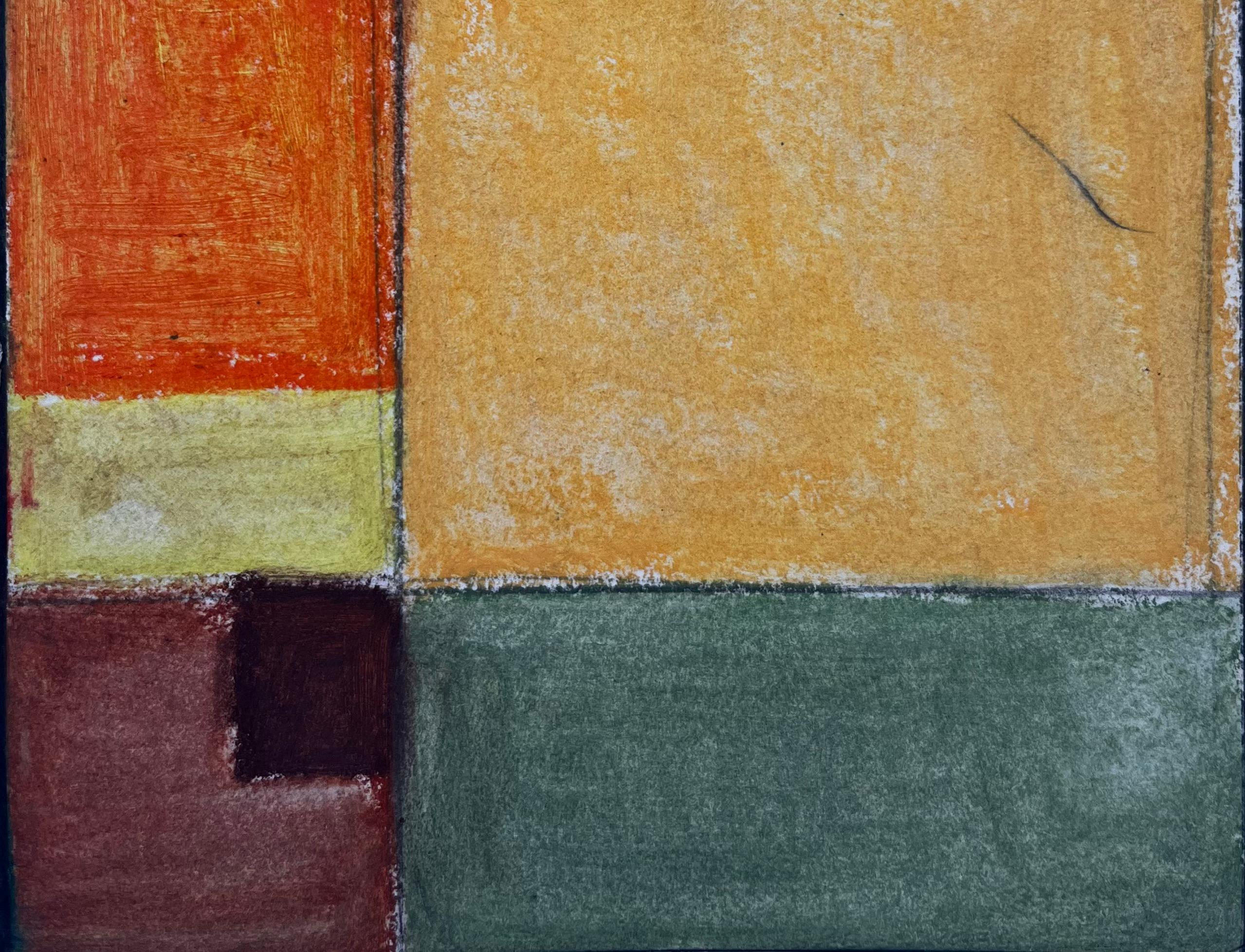 Título: Composición geométrica abstracta en pastel al óleo modernista verde anaranjado y ocre
Guy Nicod (francés 1923 - 2021) 
Pastel al óleo sobre papel de artista, sin enmarcar
Tamaño: 7,5 x 5,25 pulgadas (alto x ancho)
Procedencia: Propiedad de