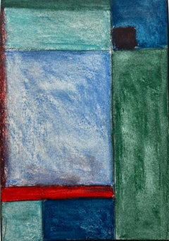 Abstract Geometric Composition in Blue Green and Red Modernist Oil Pastel
