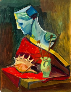 Stilleben mit Muschel und Büste Französisch Modernist Gouache Malerei von Guy Nicod