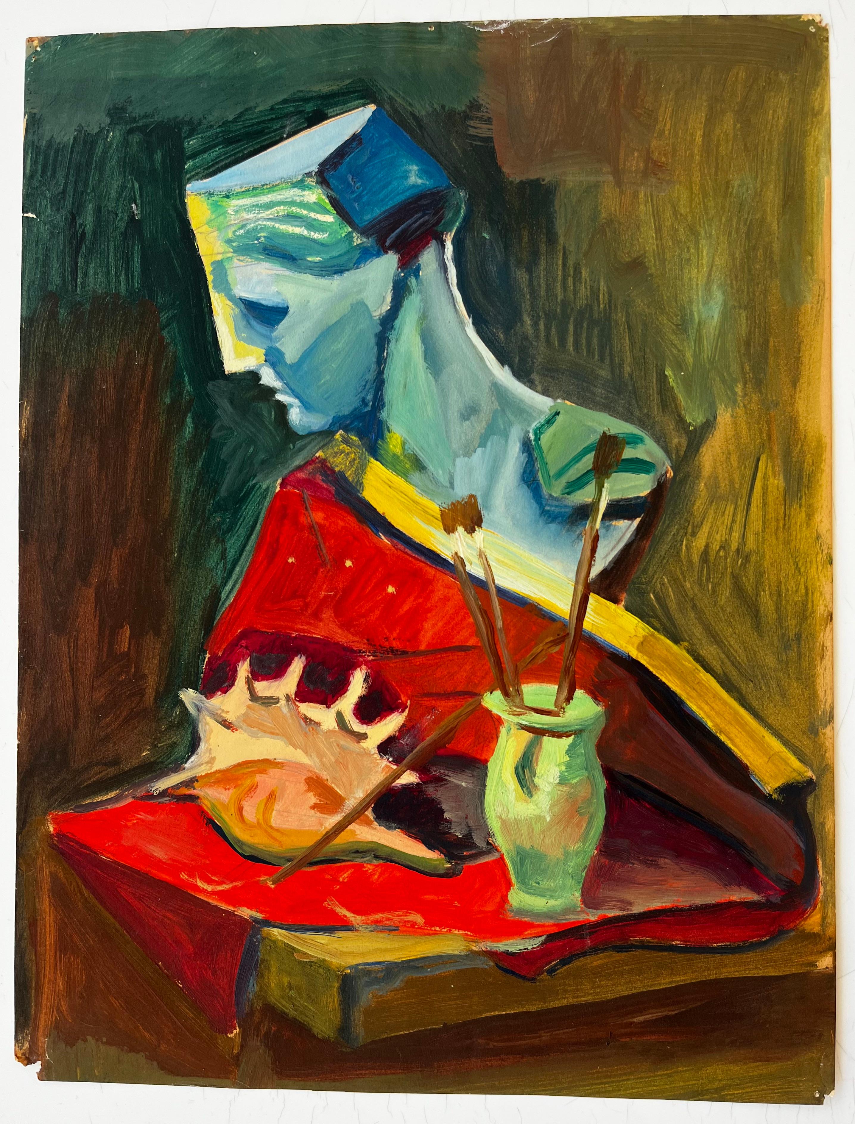 Bodegón con concha y busto Pintura gouache modernista francesa de Guy Nicod en venta 1
