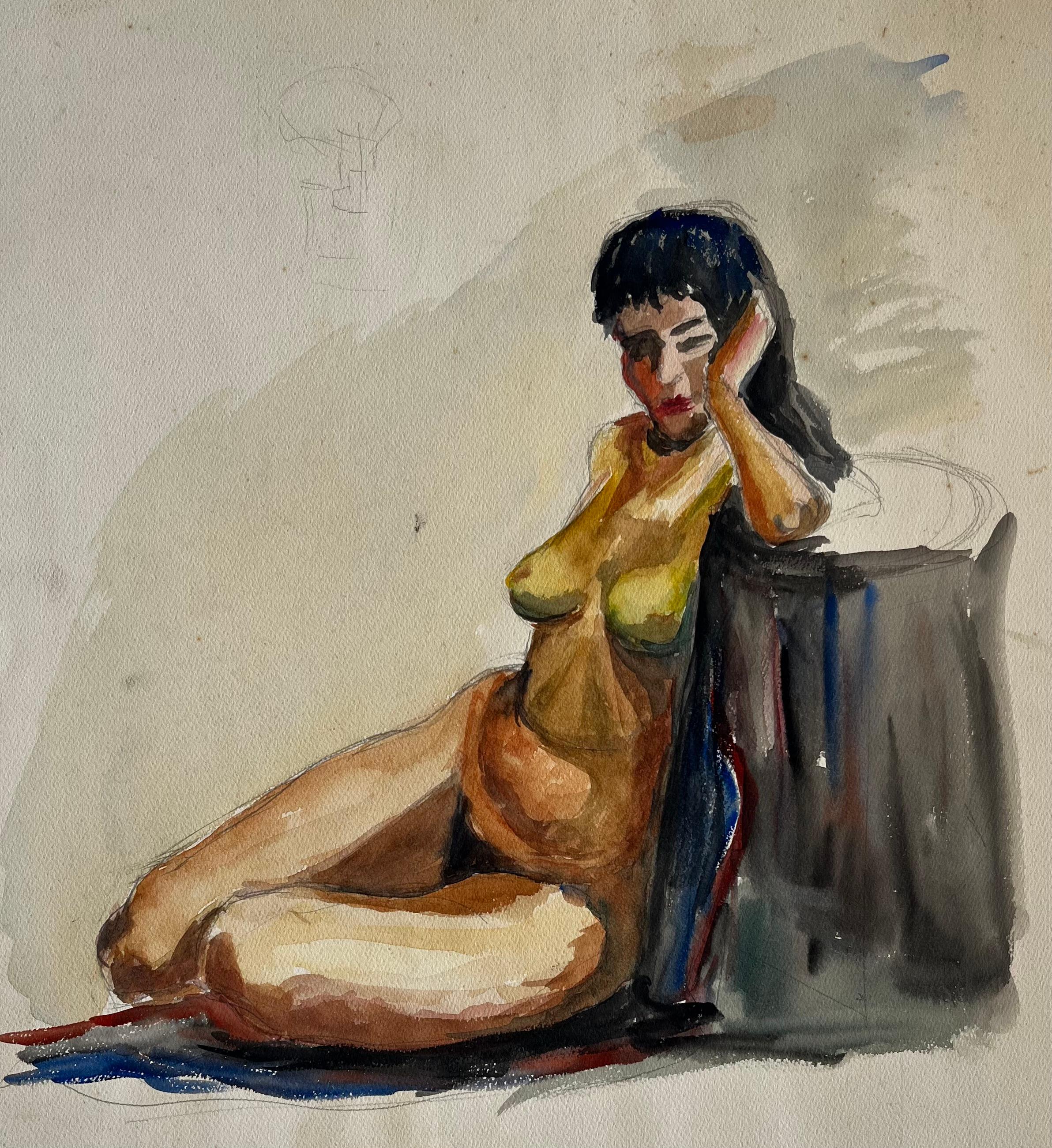 Studie eines sitzenden weiblichen Akts Französische Moderne Gouache auf Papier von Guy Nicod