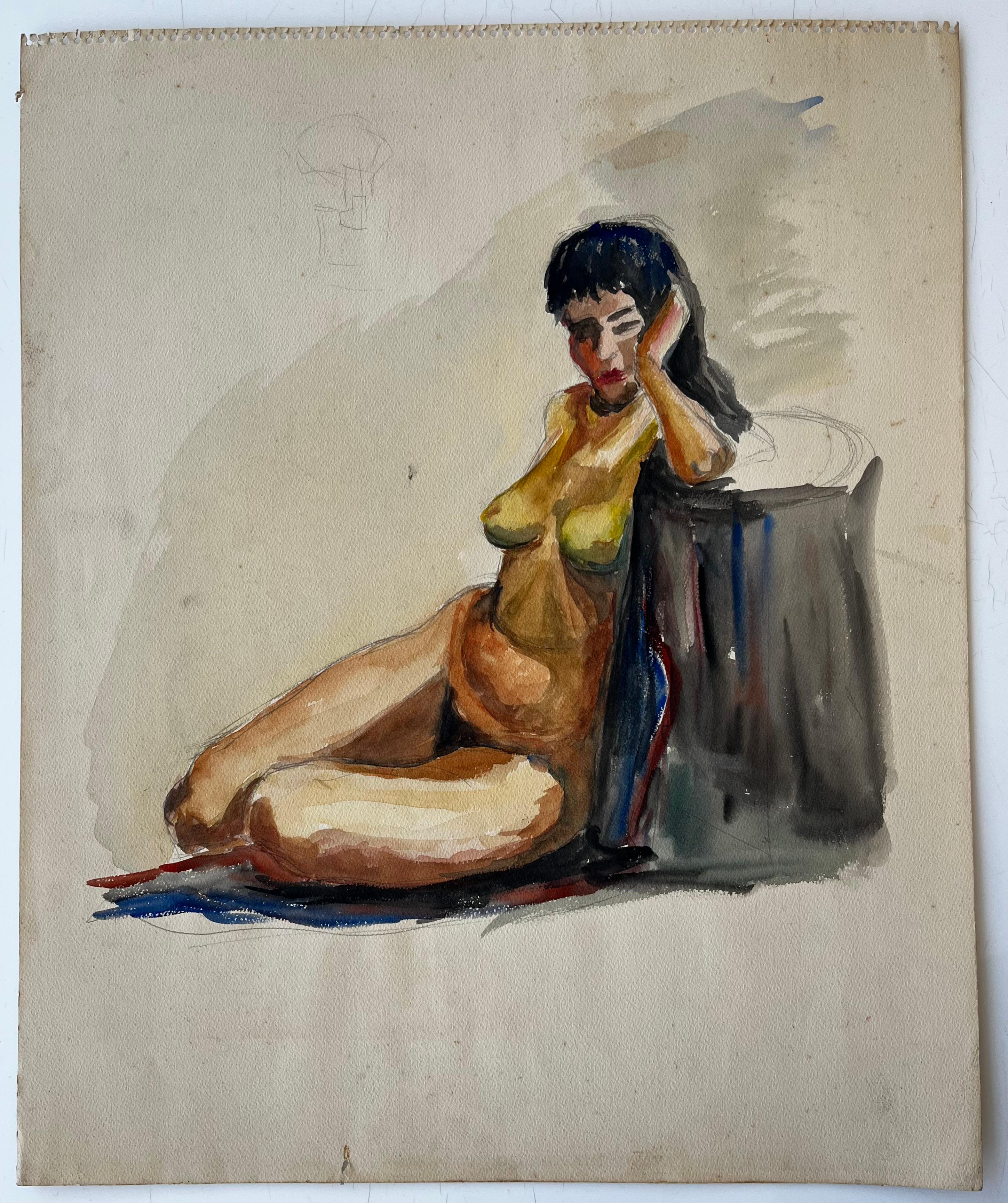 Estudio de desnudo femenino sentado Témpera modernista francesa sobre papel de Guy Nicod en venta 1