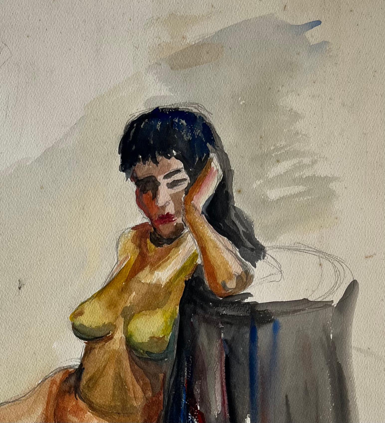 Estudio de desnudo femenino sentado Témpera modernista francesa sobre papel de Guy Nicod en venta 2