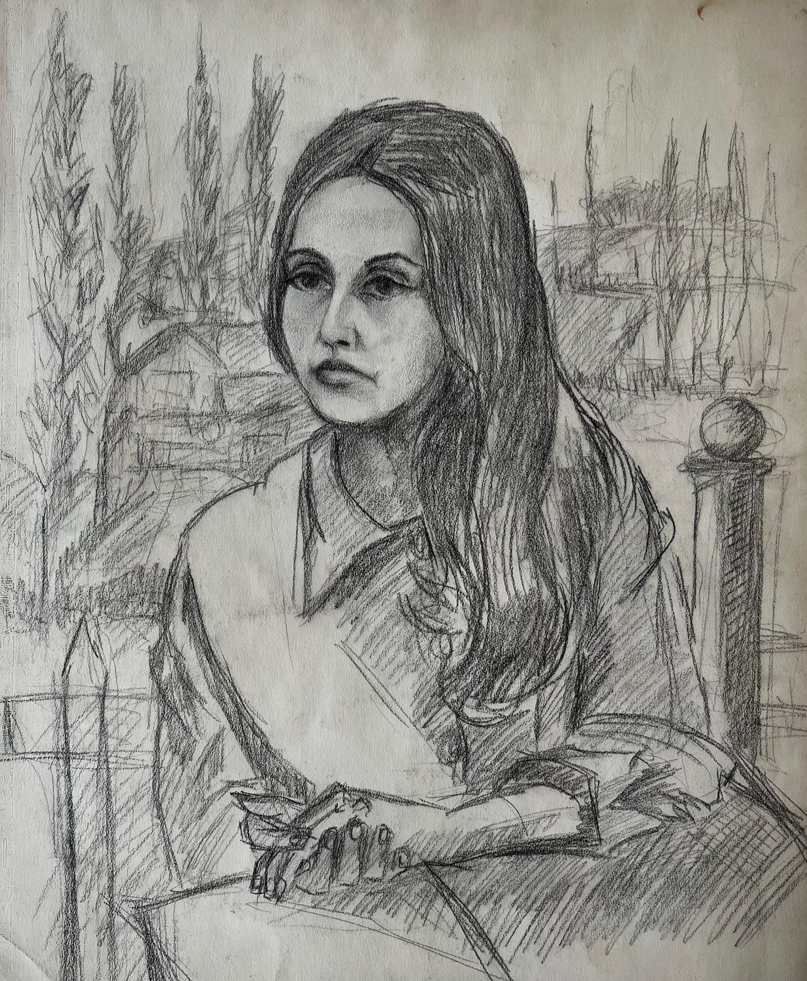 Portrait d
une jeune femme Dessin au graphite moderniste français de Guy Nicod