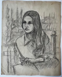 Portrait of a Young Woman French Modernist Graphite Drawing by Guy Nicod