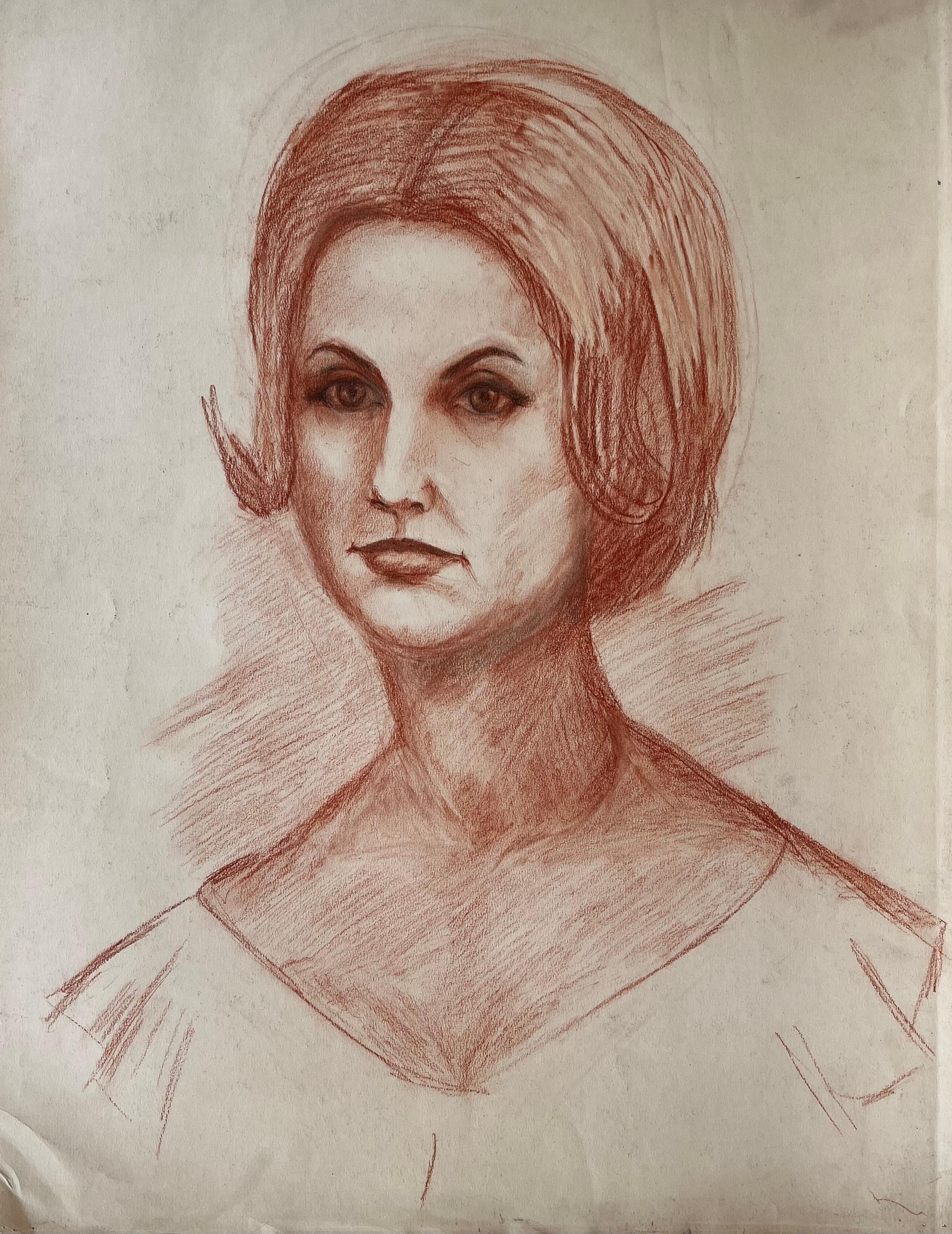 Porträt einer Frau Französische Modernistische Rötelzeichnung von Guy Nicod