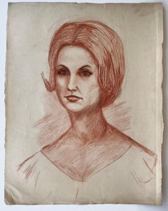 Portrait of a Woman French Modernist Red Chalk Drawing by Guy Nicod