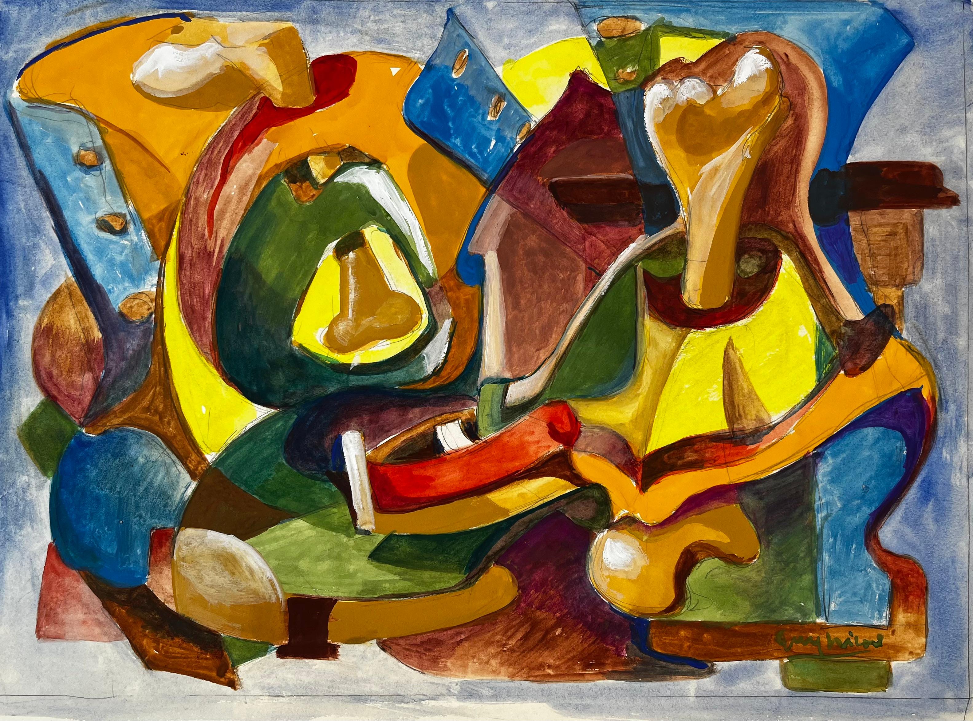 Abstract Composition in Yellow and Blue French Modernist Gouache by Guy Nicod