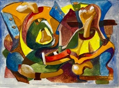 Abstract Composition in Yellow and Blue French Modernist Gouache by Guy Nicod