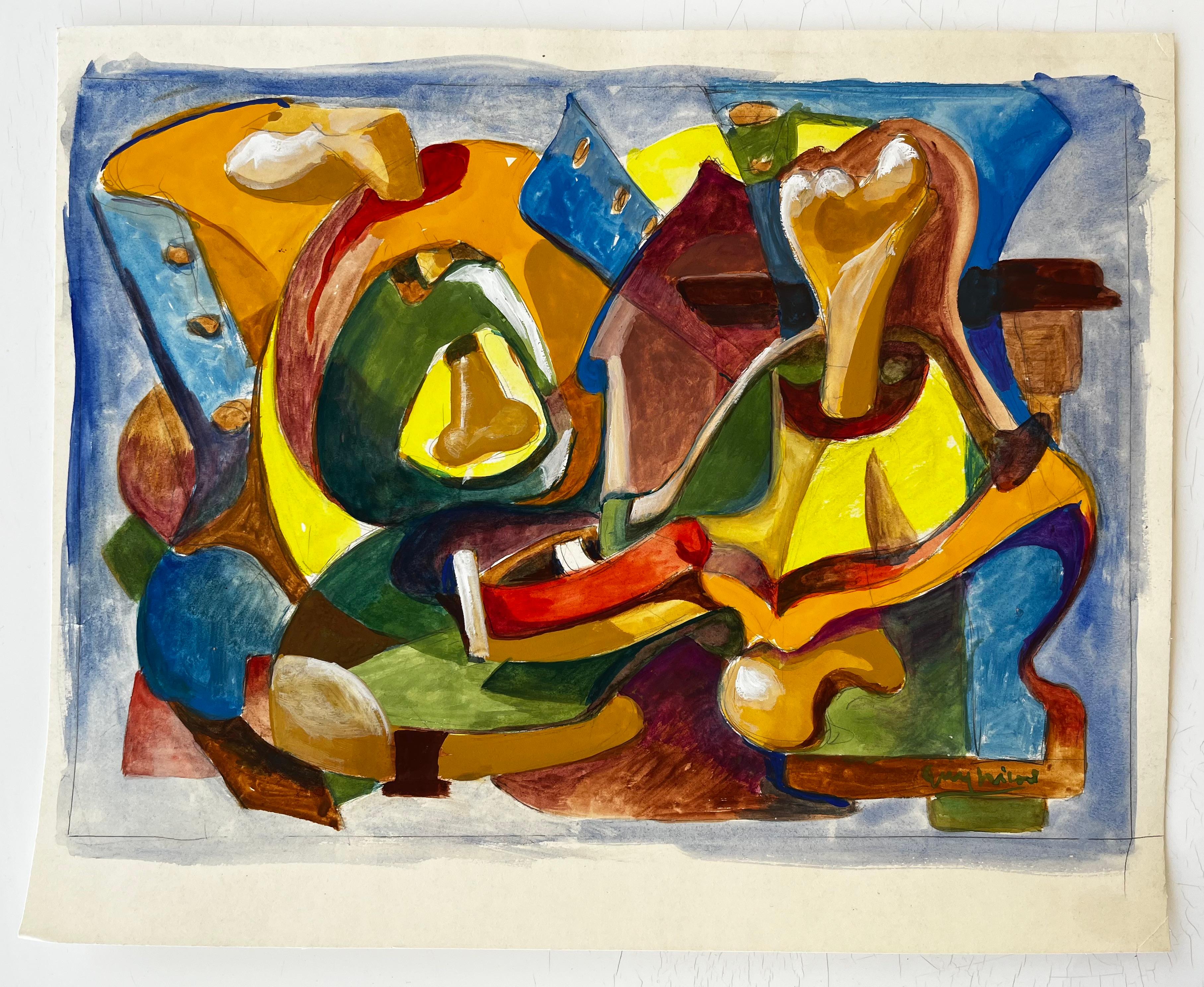 Composition abstraite en jaune et bleu Gouache moderniste française de Guy Nicod en vente 1