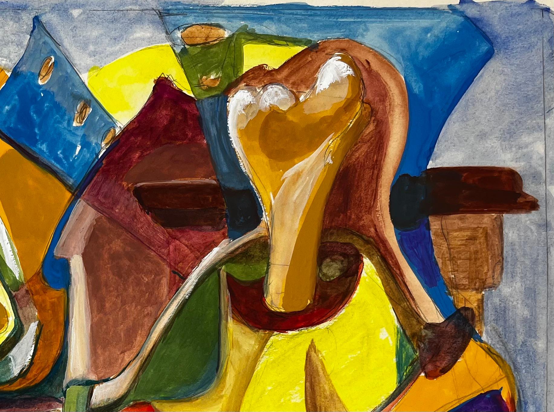 Composition abstraite en jaune et bleu Gouache moderniste française de Guy Nicod en vente 2
