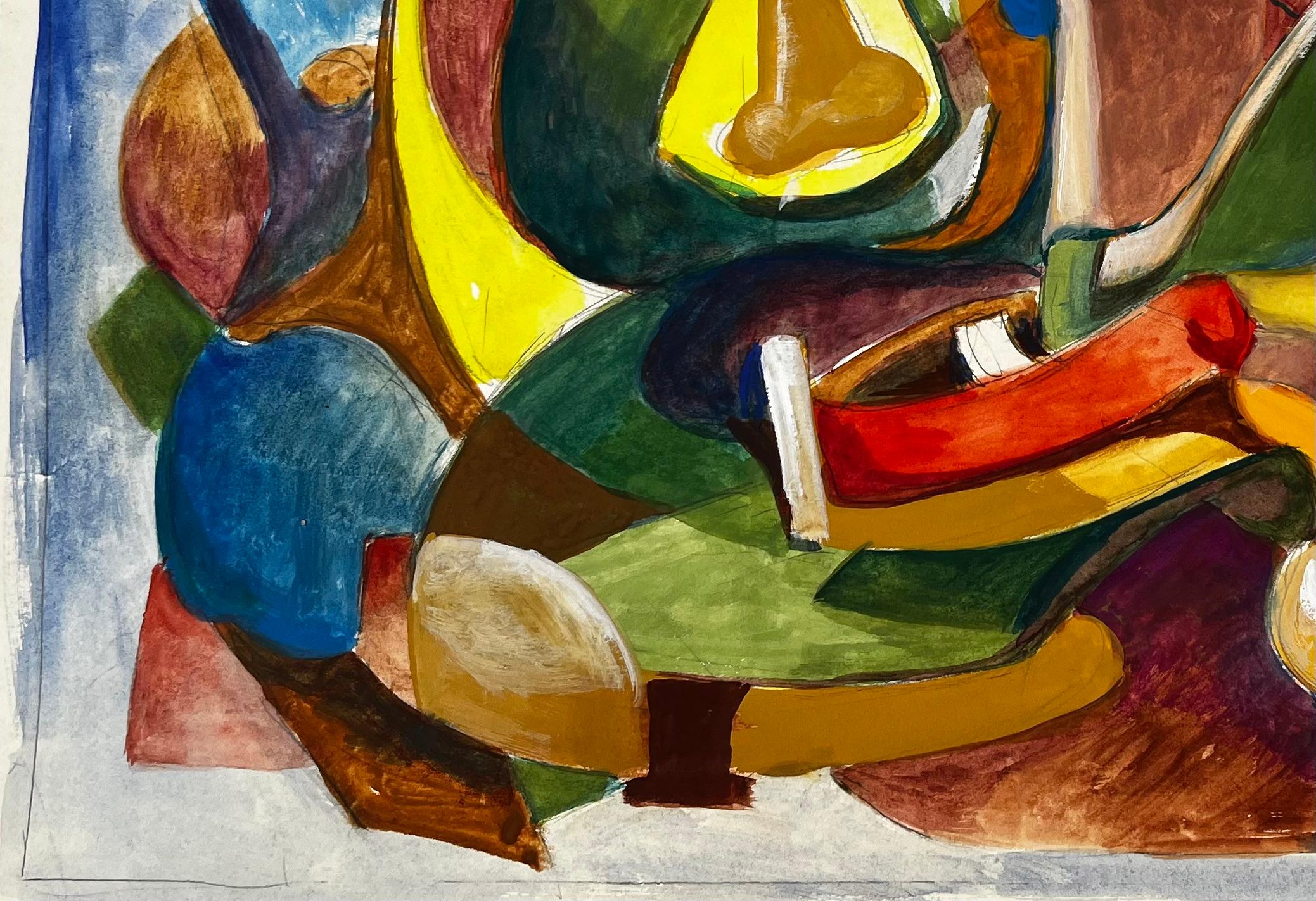 Composition abstraite en jaune et bleu Gouache moderniste française de Guy Nicod en vente 4