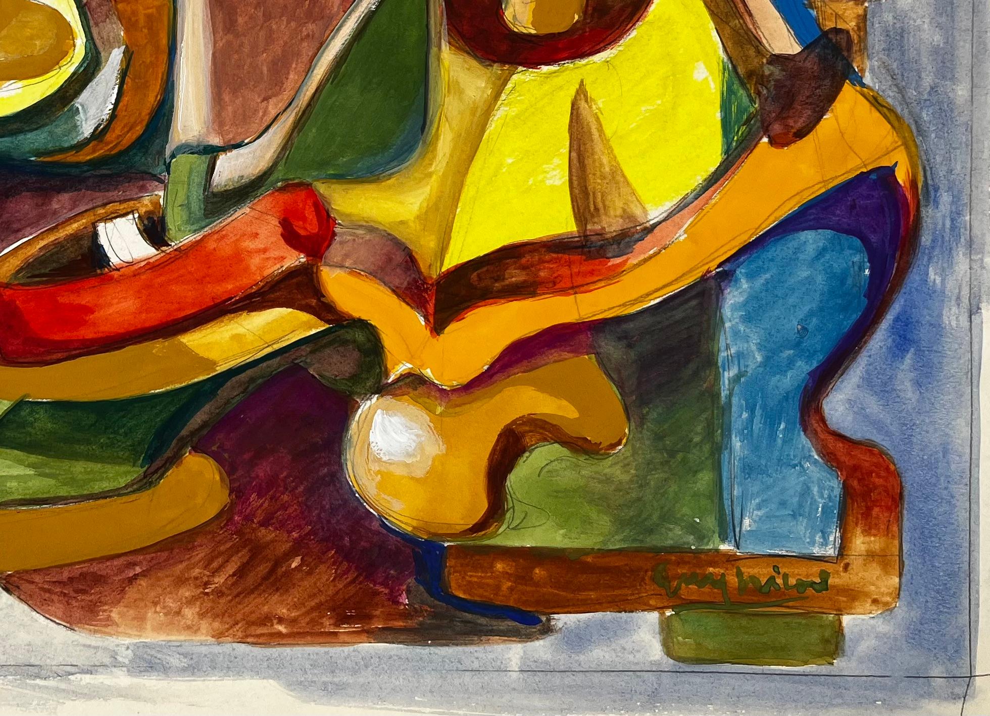 Composition abstraite en jaune et bleu Gouache moderniste française de Guy Nicod en vente 5
