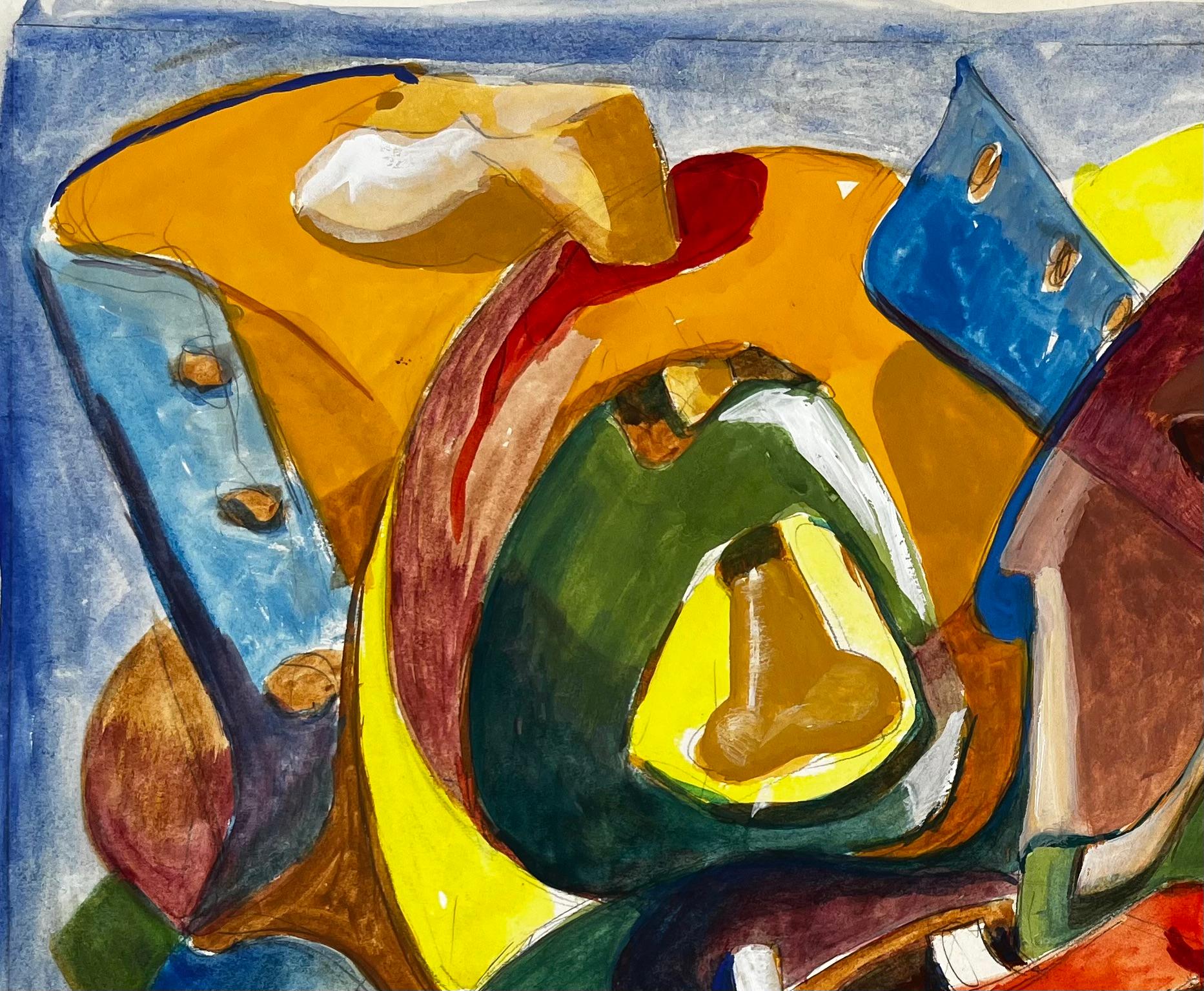 Composition abstraite en jaune et bleu Gouache moderniste française de Guy Nicod en vente 3