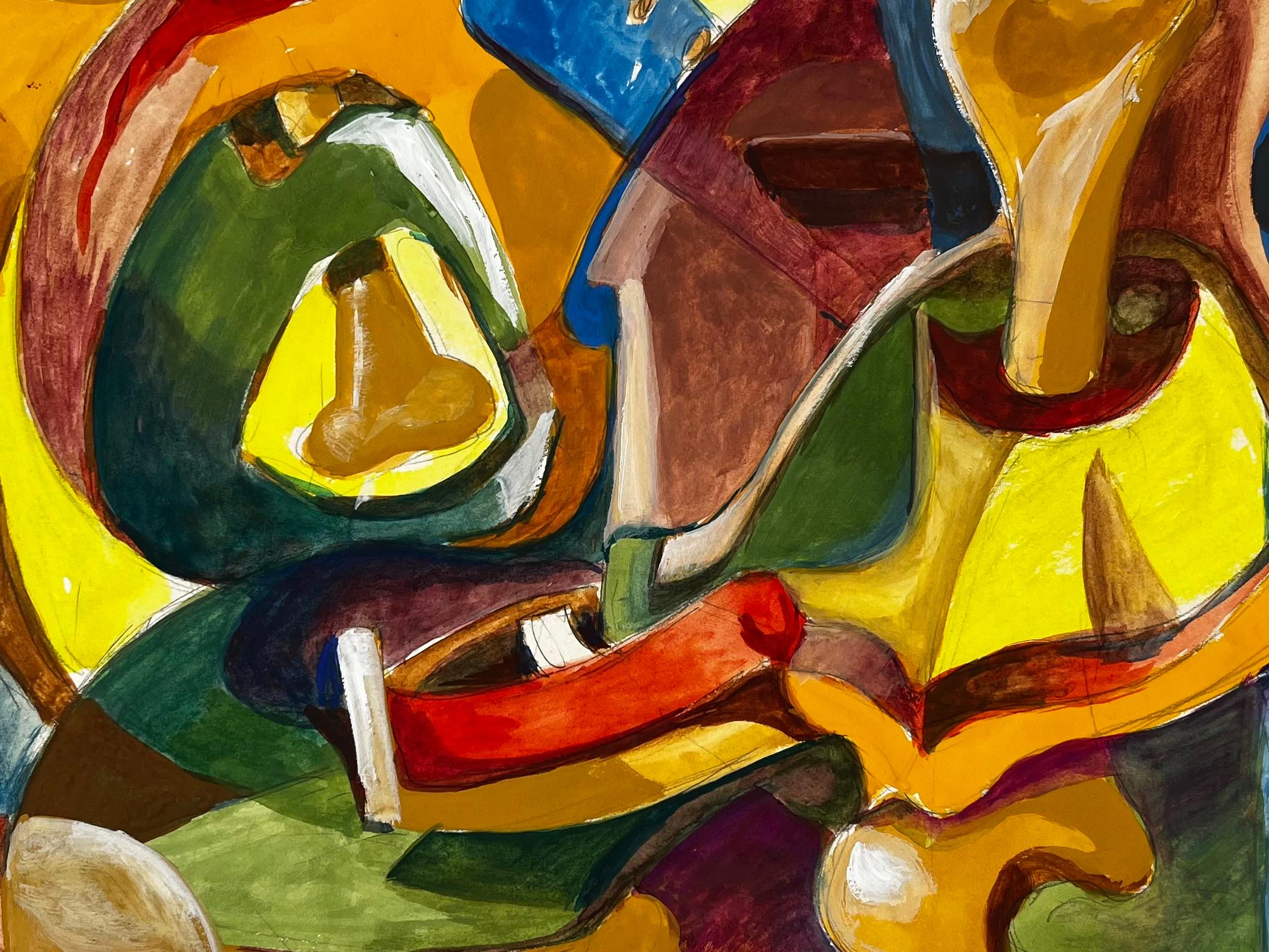 Composition abstraite en jaune et bleu Gouache moderniste française de Guy Nicod en vente 6