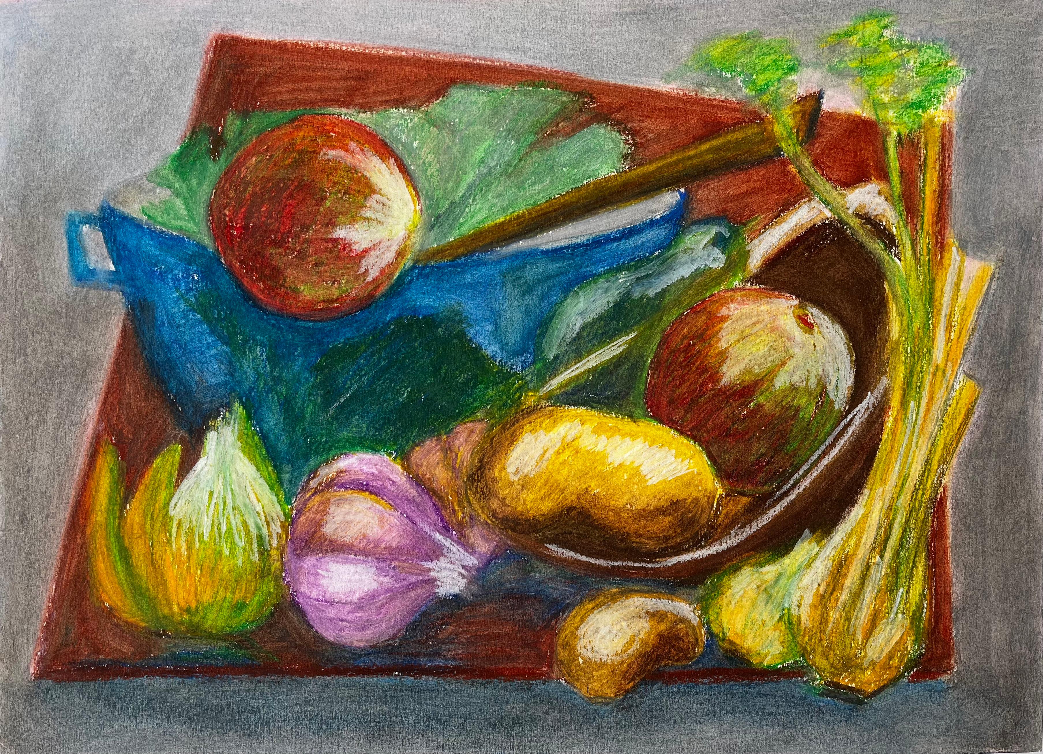 Nature morte aux légumes Dessin au pastel à l'huile moderniste français de Guy Nicod