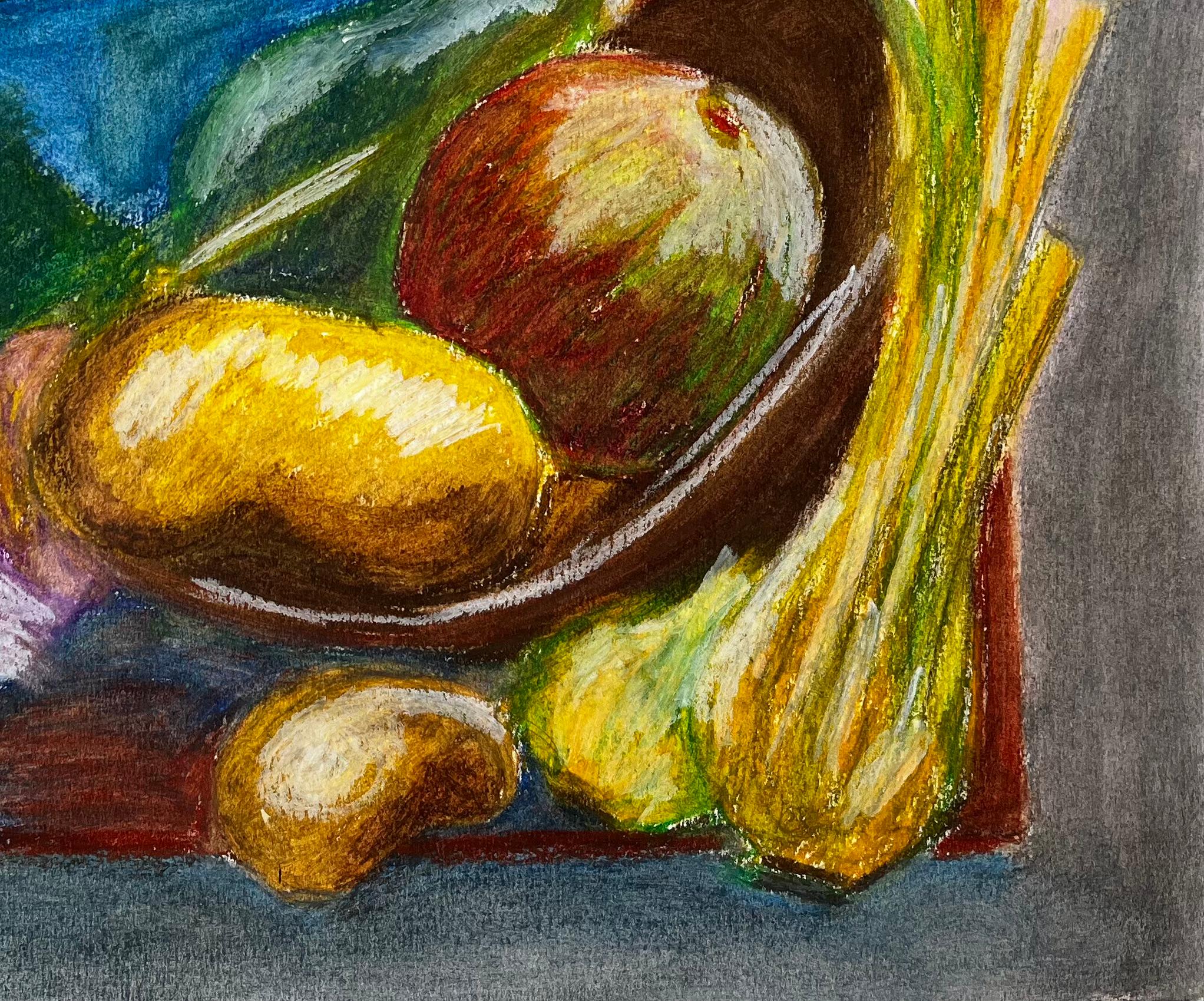 Nature morte aux légumes Dessin au pastel à l'huile moderniste français de Guy Nicod en vente 3