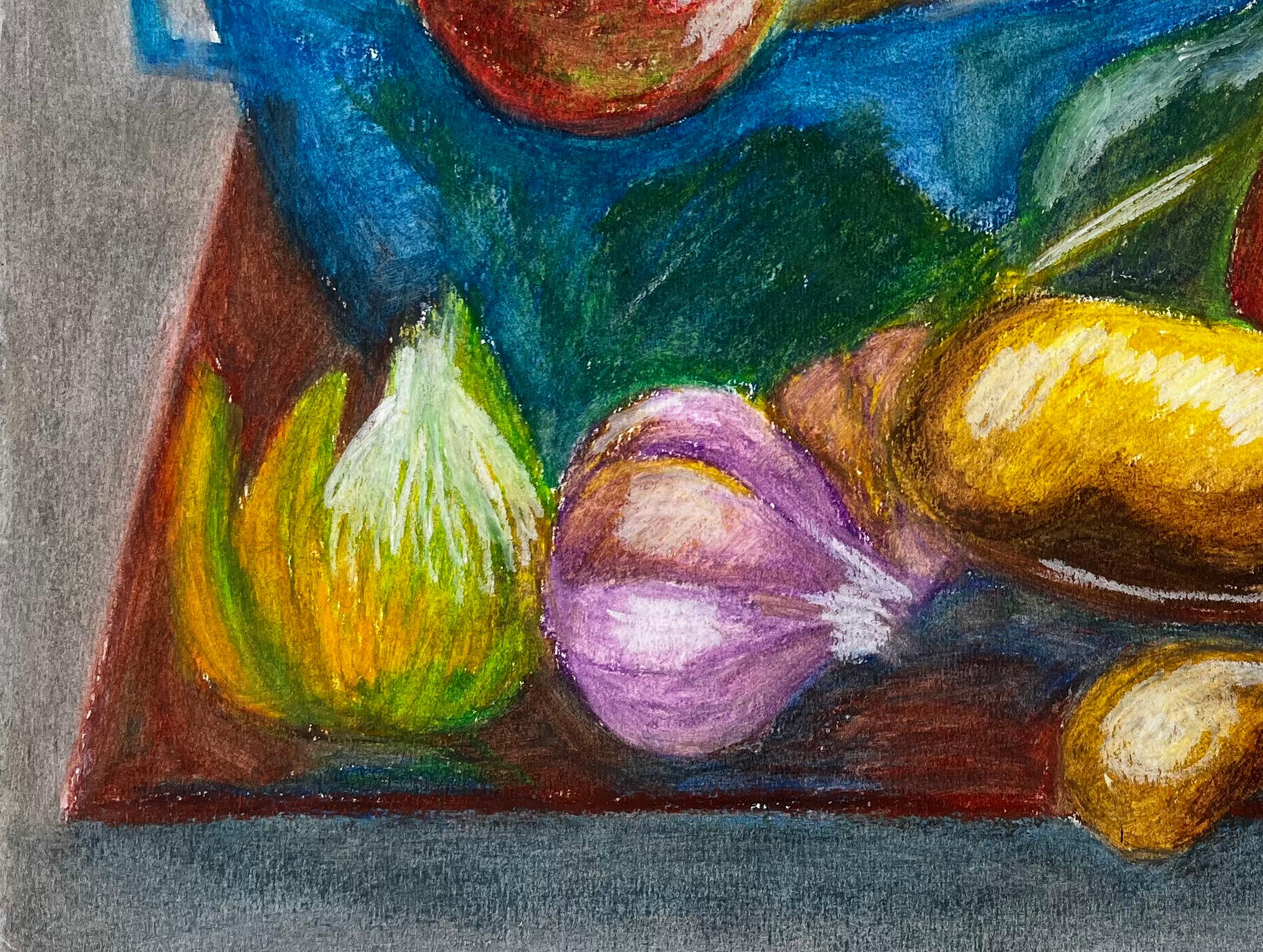 Nature morte aux légumes Dessin au pastel à l'huile moderniste français de Guy Nicod en vente 4