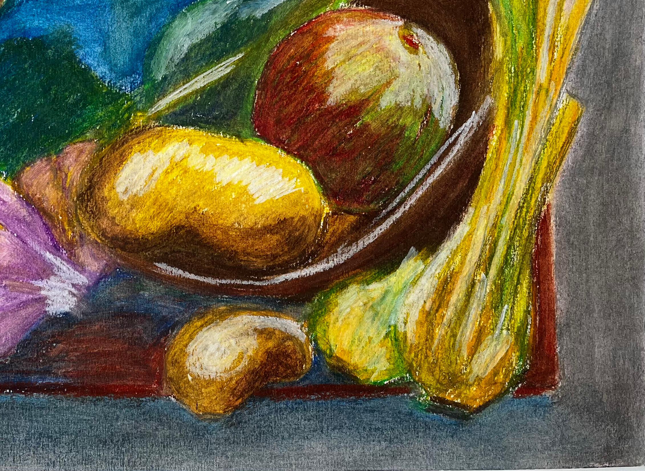 Nature morte aux légumes Dessin au pastel à l'huile moderniste français de Guy Nicod en vente 5