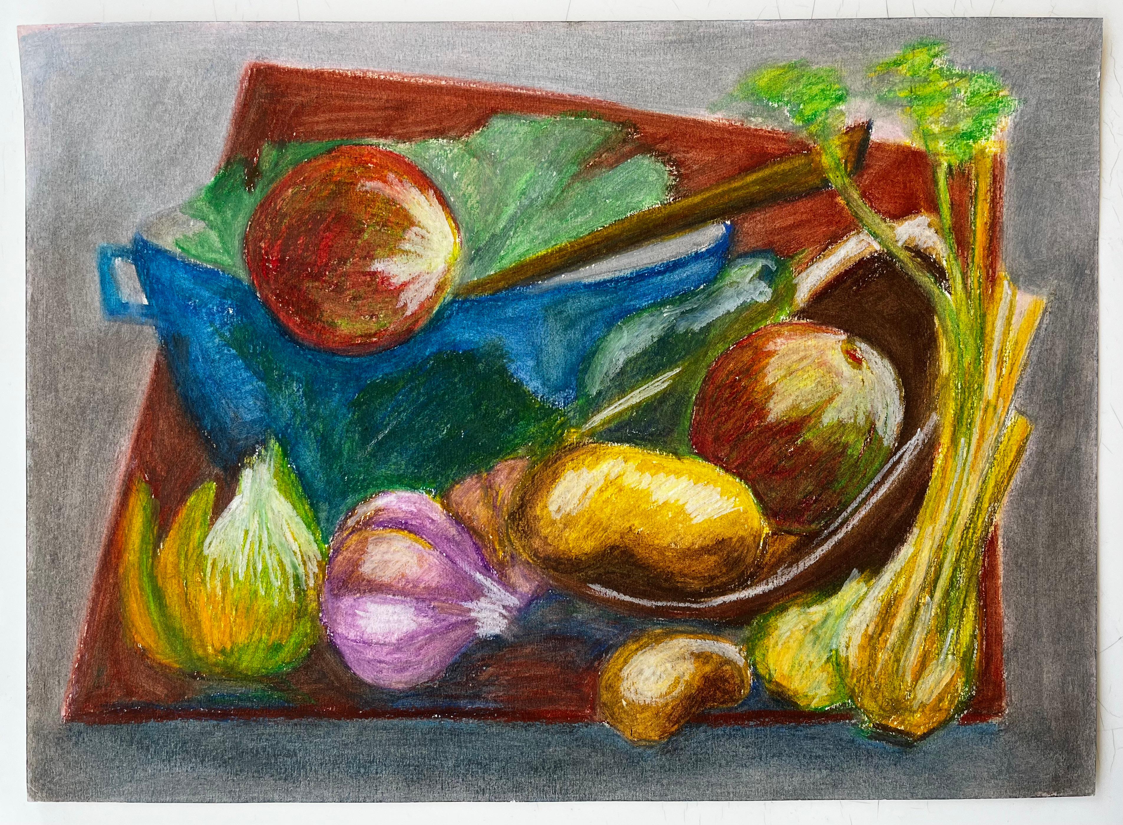Nature morte aux légumes Dessin au pastel à l'huile moderniste français de Guy Nicod en vente 1