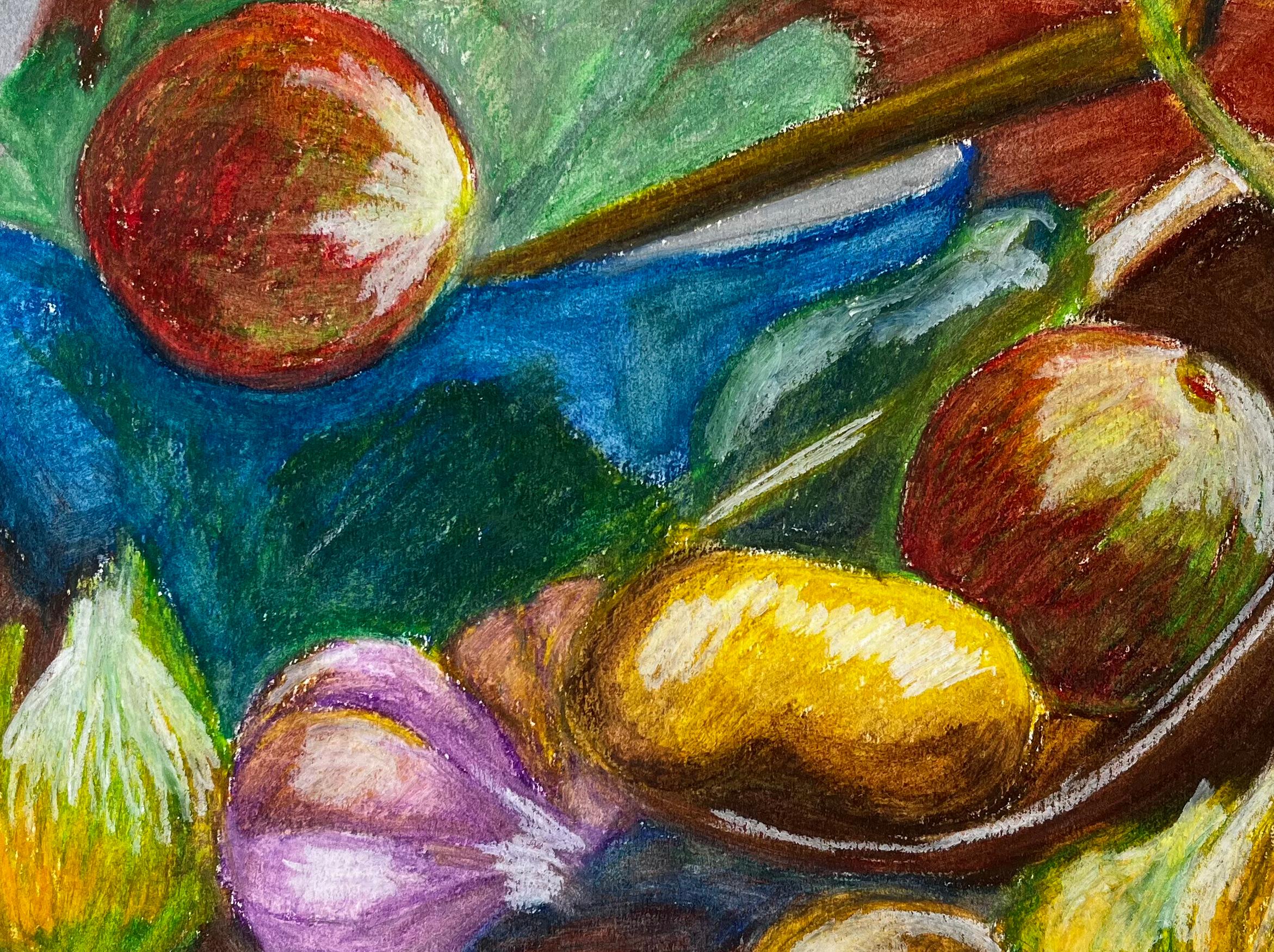 Nature morte aux légumes Dessin au pastel à l'huile moderniste français de Guy Nicod en vente 6