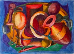 Abstract Still Life with Jugs and Vessels French Modernist Oil Pastel