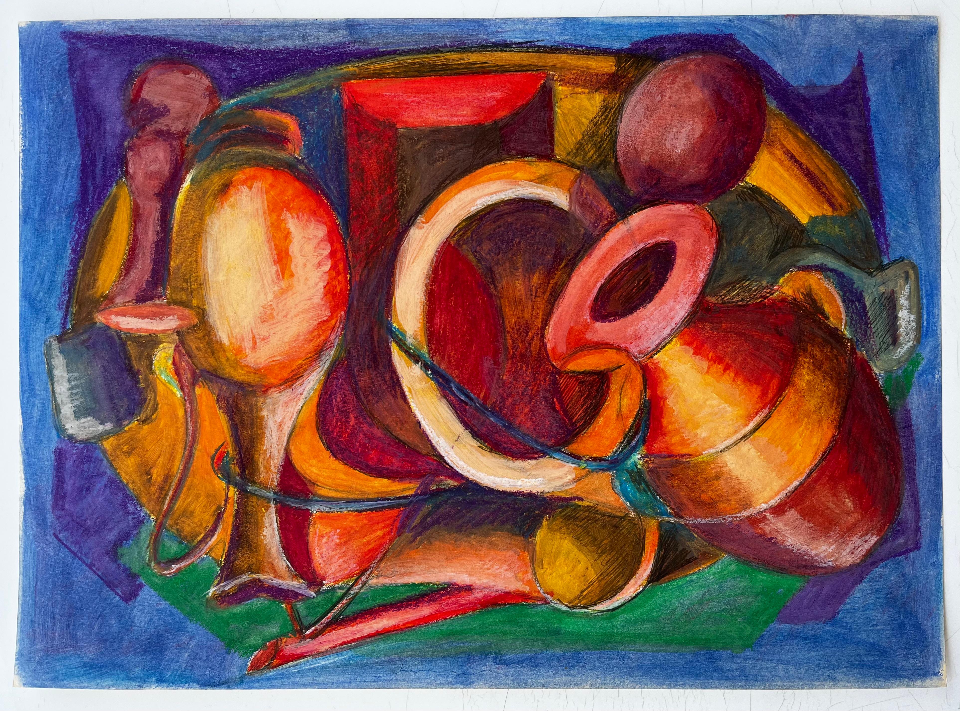 Nature morte abstraite avec cruches et vases Pastel à l'huile moderniste français - Art de Guy Nicod