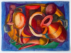 Nature morte abstraite avec cruches et vases Pastel à l'huile moderniste français