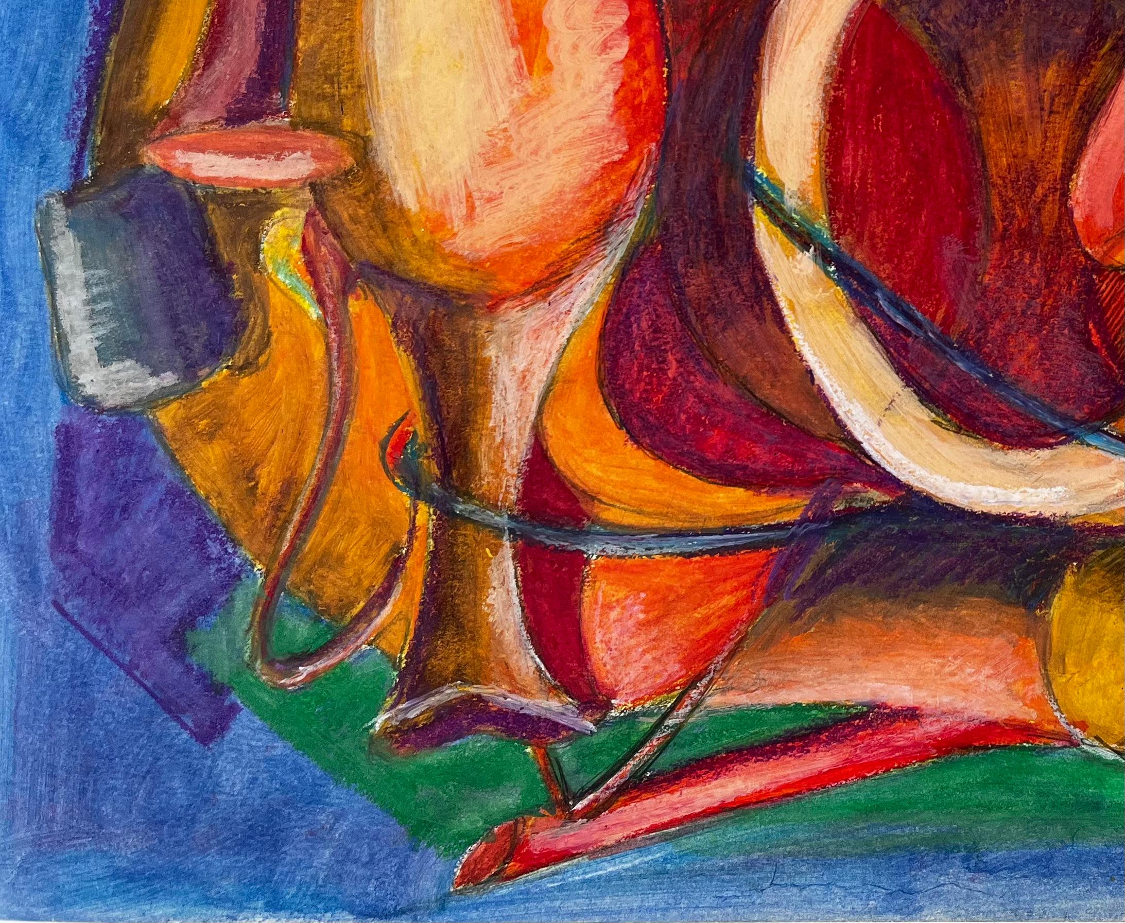 Nature morte abstraite avec cruches et vases Pastel à l'huile moderniste français - Noir Landscape Art par Guy Nicod