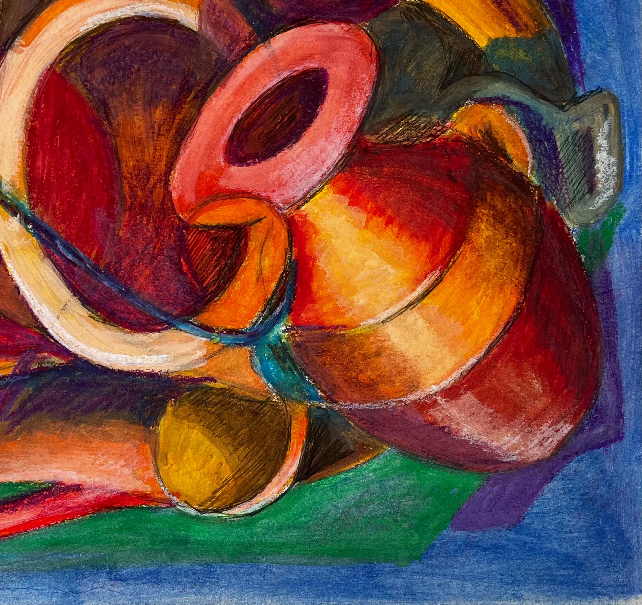 Nature morte abstraite avec cruches et vases Pastel à l'huile moderniste français - Moderne Art par Guy Nicod