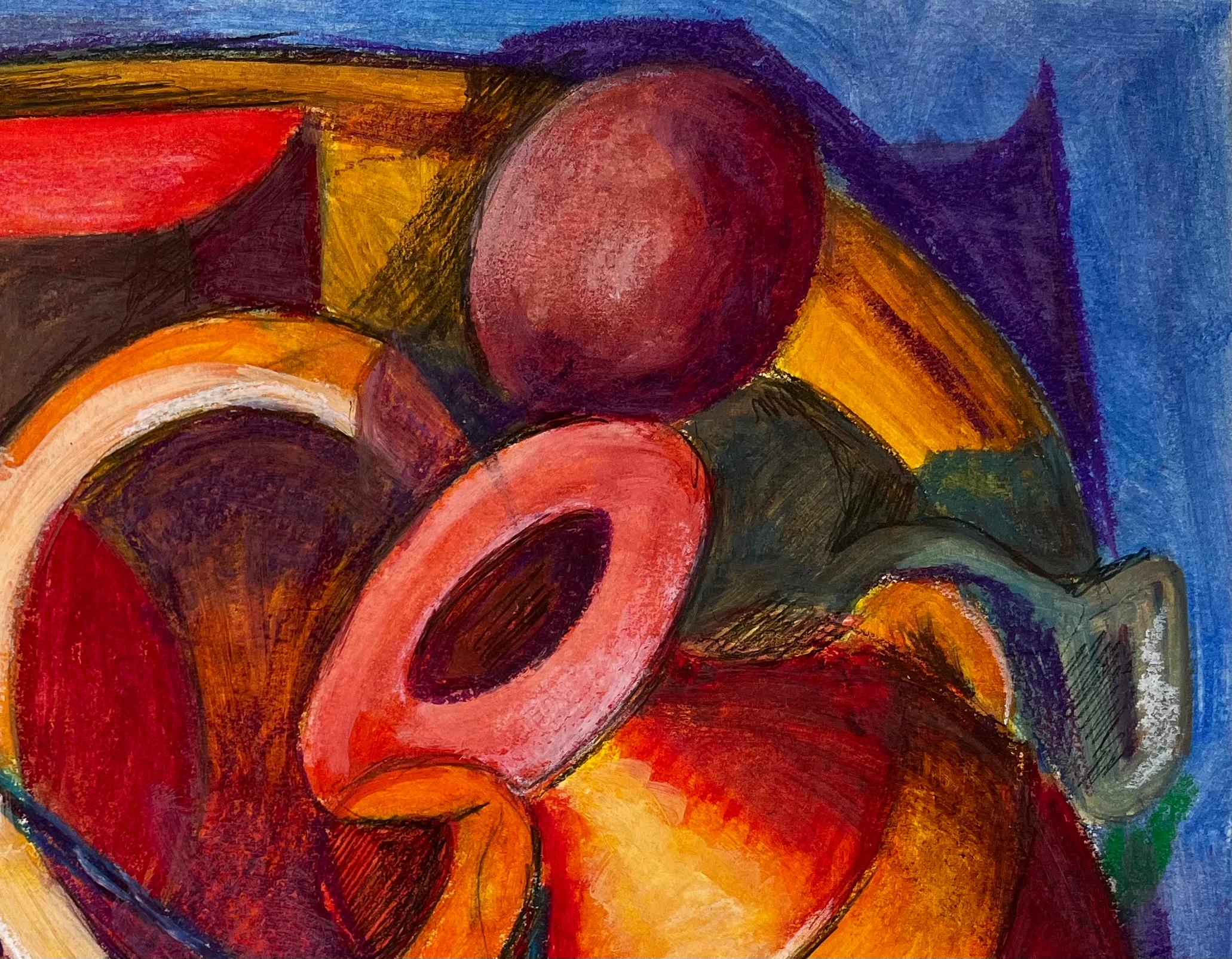 Nature morte abstraite avec cruches et vases Pastel à l'huile moderniste français en vente 1