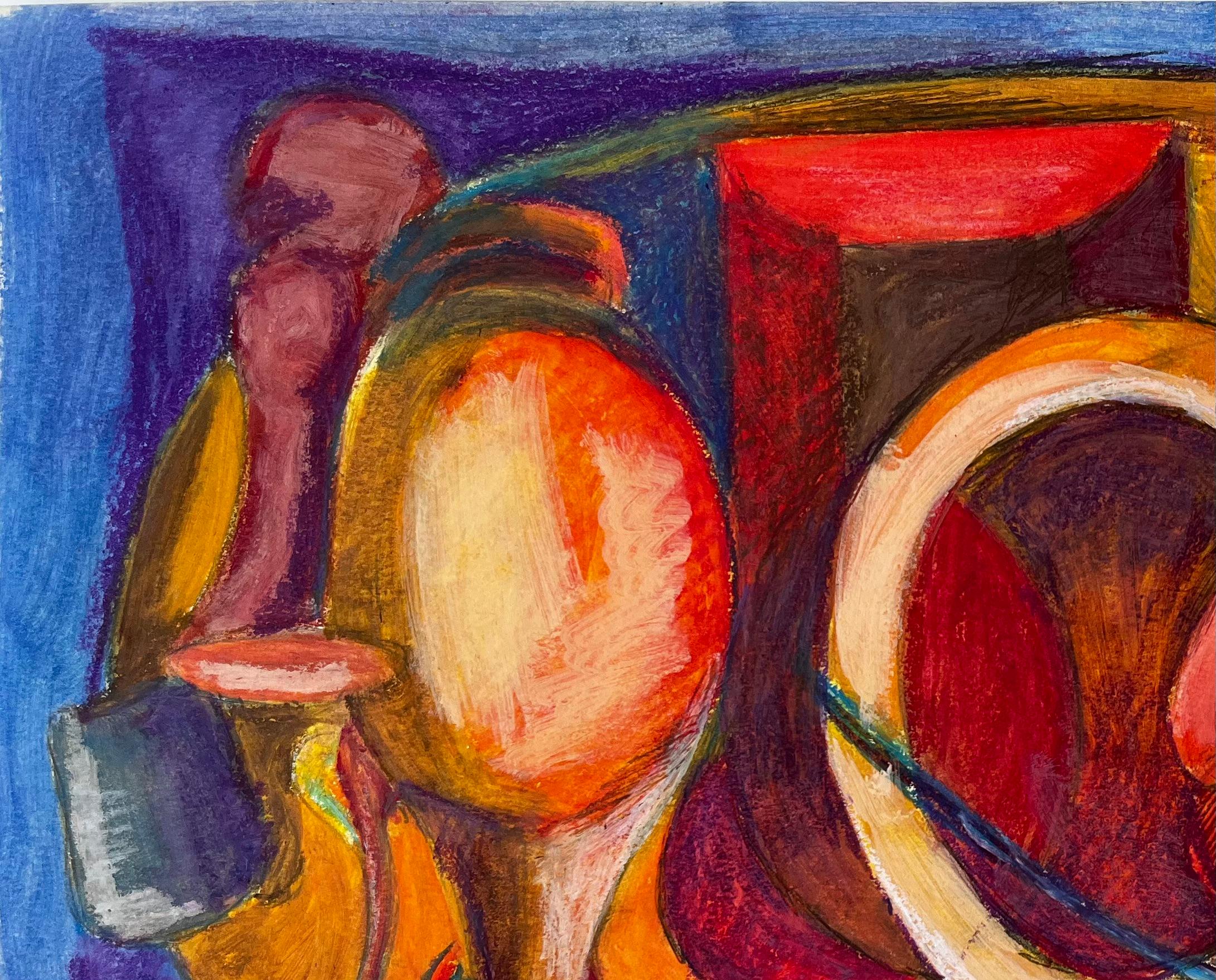 Titre : Nature morte abstraite avec cruches et vases Pastel à l'huile moderniste français
Guy Nicod (français 1923 - 2021) 
Pastel à l'huile sur papier d'artiste, non encadré
Taille : 13 x 18 pouces (hauteur x largeur)
Provenance : Succession