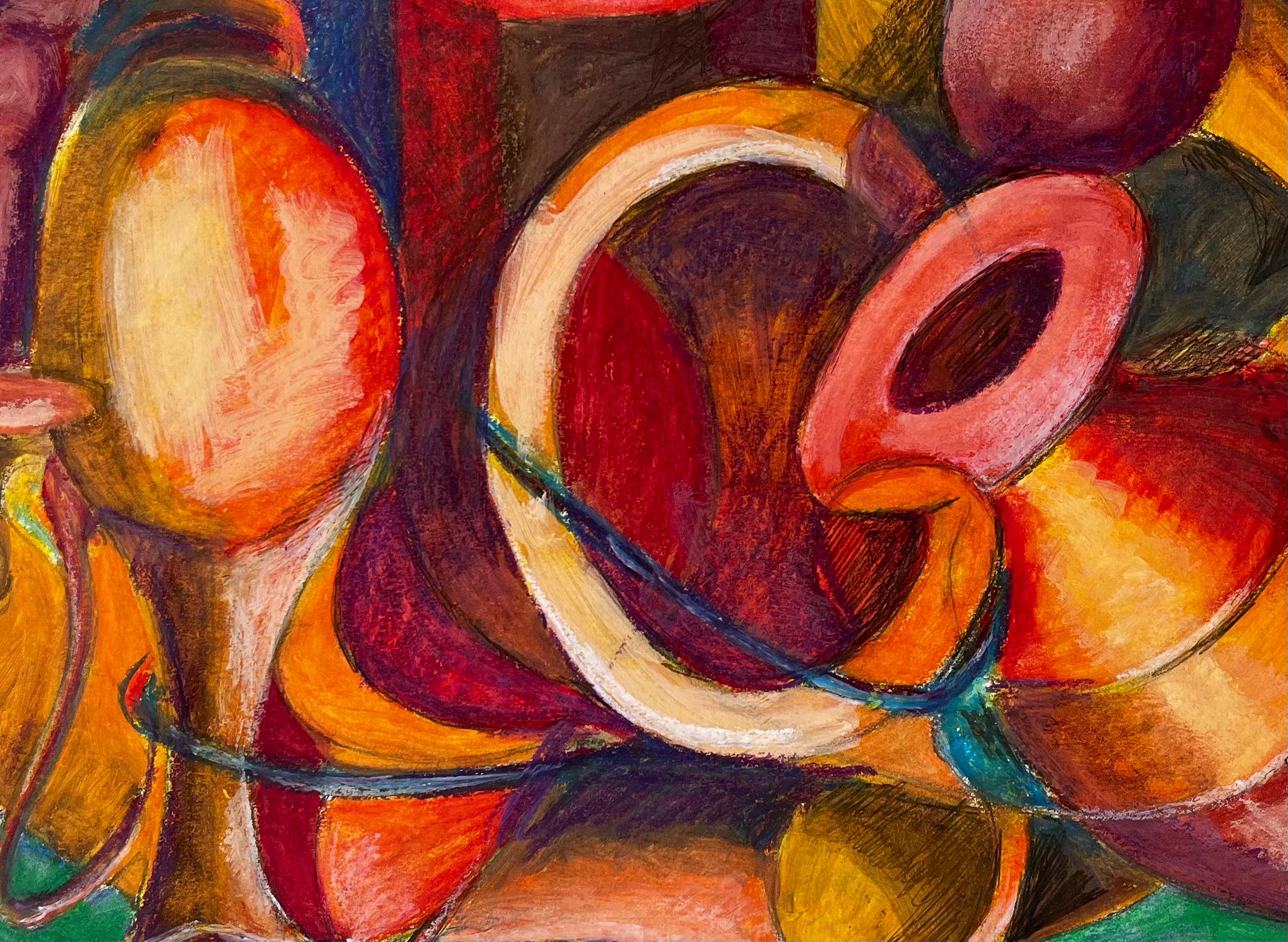 Nature morte abstraite avec cruches et vases Pastel à l'huile moderniste français en vente 2