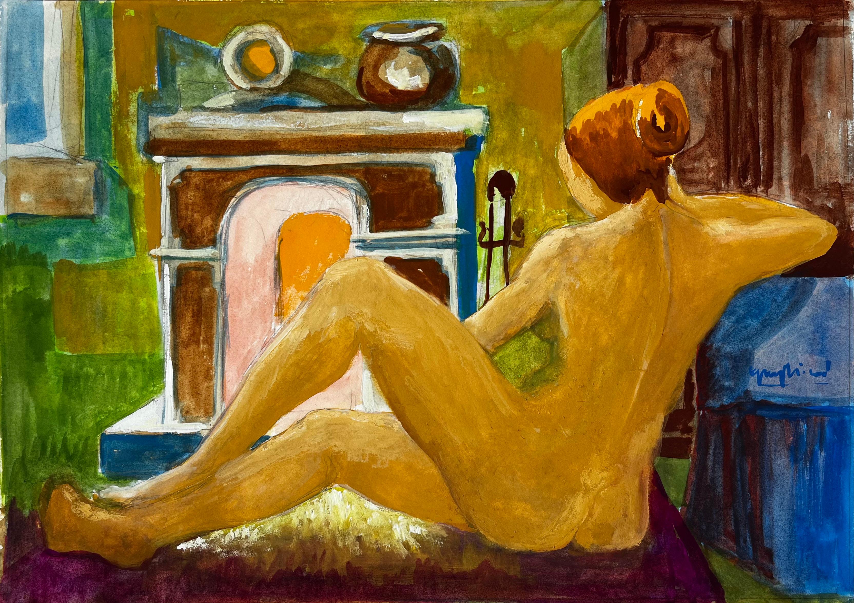 Akt vor dem Kamin Französische Gouache der Moderne von Guy Nicod