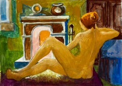 Akt vor dem Kamin Französische Gouache der Moderne von Guy Nicod