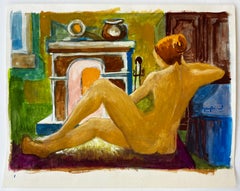 Nu devant la cheminée Gouache moderniste française de Guy Nicod