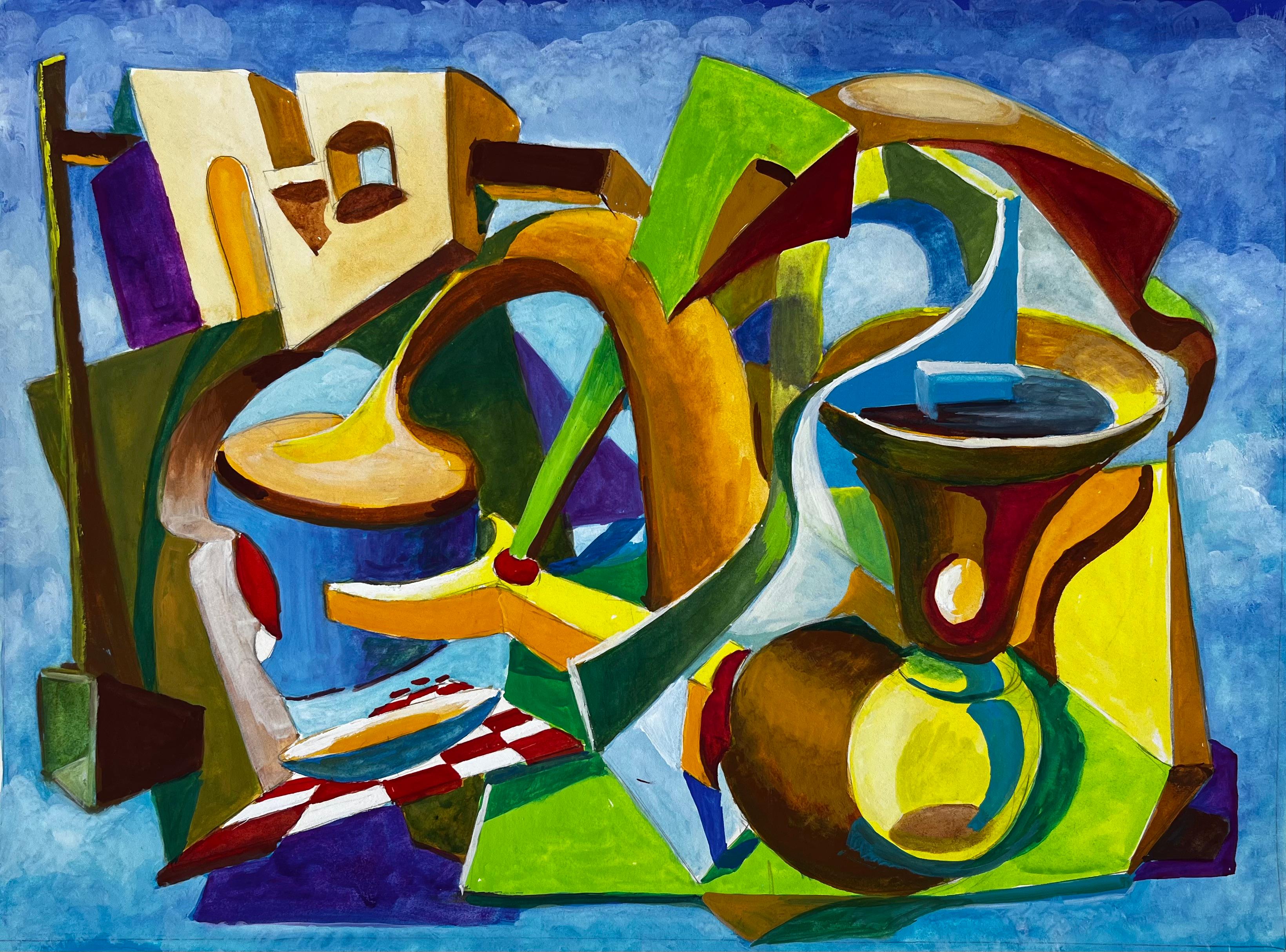 Abstract Architectural Still Life French Modernist Gouache by Guy Nicod