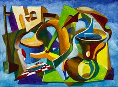 Abstraktes architektonisches Stilleben Französischer Modernist Gouache von Guy Nicod