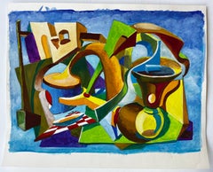 Nature morte architecturale abstraite gouache moderniste française par Guy Nicod