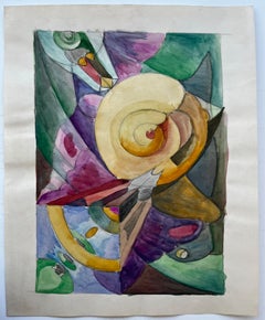 Composition abstraite en spirale Aquarelle moderniste française de Guy Nicod