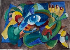 Abstraktes Auge Komposition Französisch Modernist Aquarell von Guy Nicod
