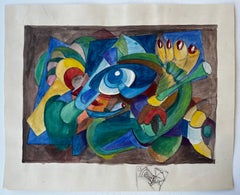 Composition abstraite du regard Aquarelle moderniste française de Guy Nicod