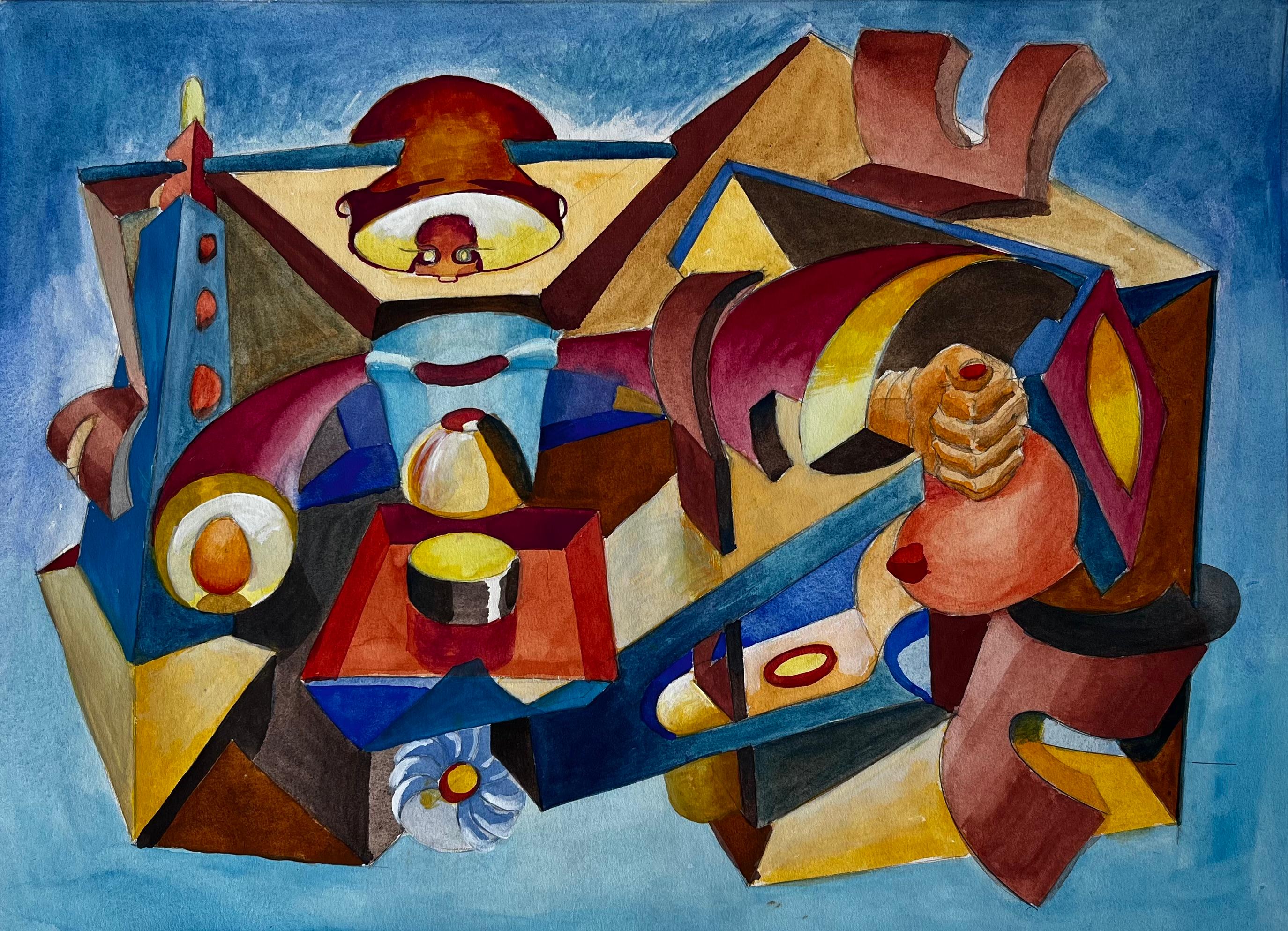 Abstraktes Interieur Komposition Französisch Modernist Aquarell von Guy Nicod