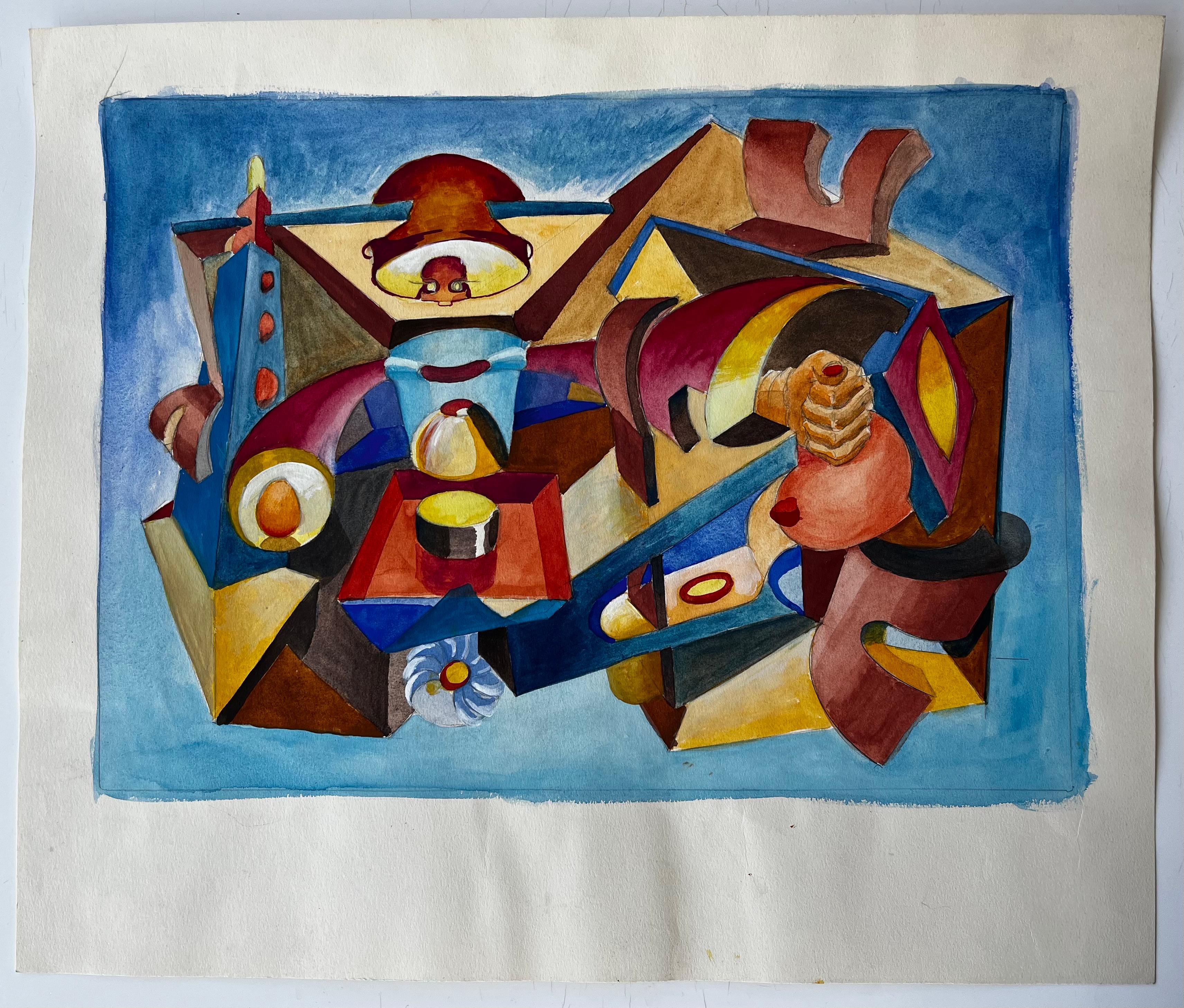 Composizione astratta di interni Acquerello modernista francese di Guy Nicod in vendita 1