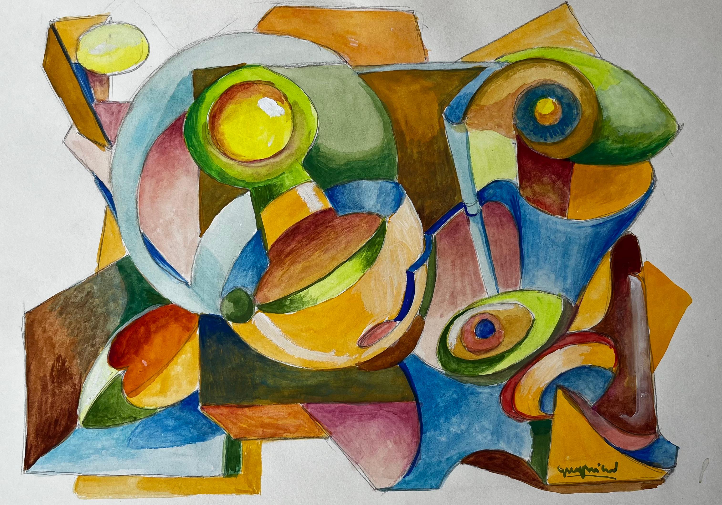 Abstract Cubist Still Life with Geometric Forms French Gouache