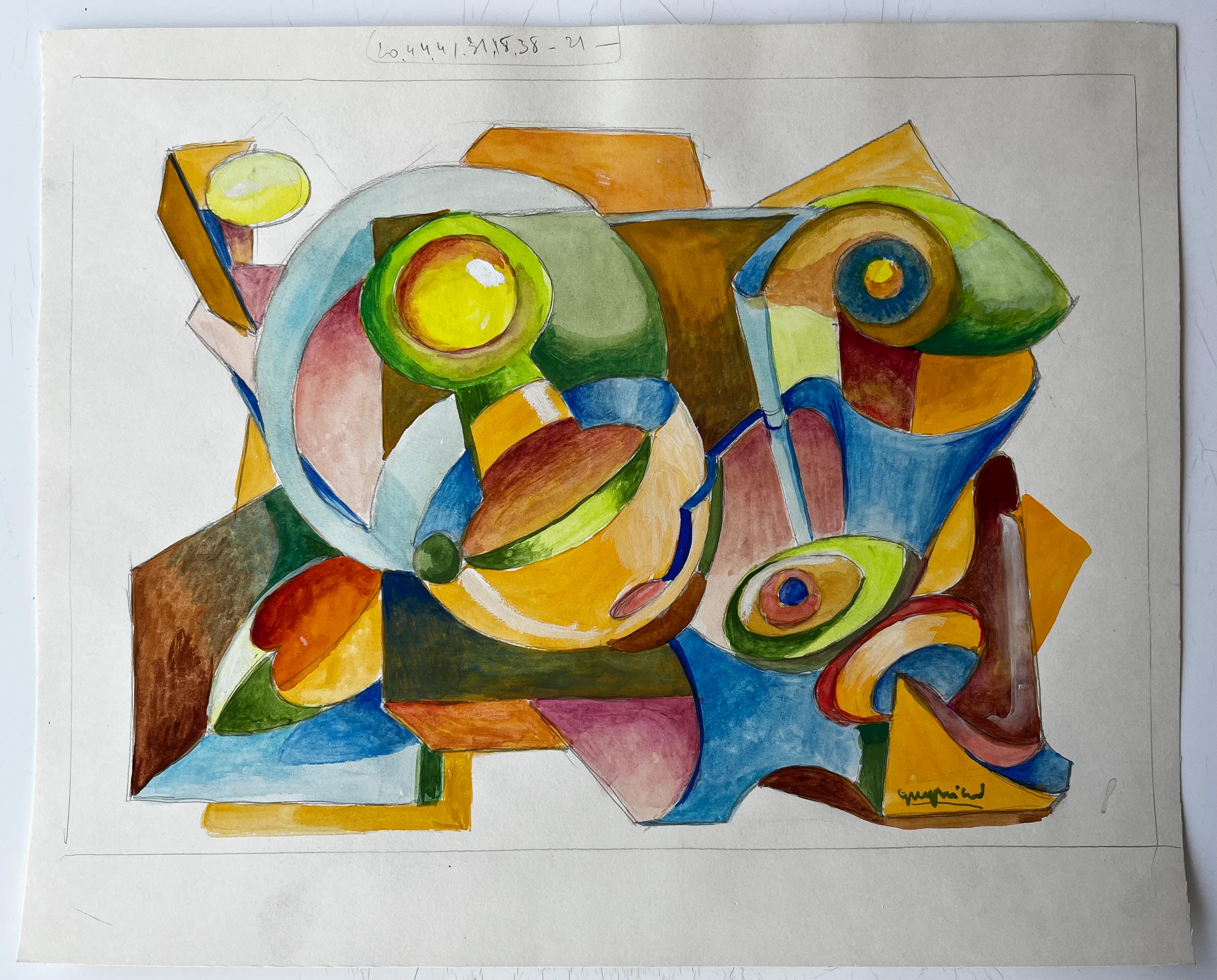 Natura morta cubista astratta con forme geometriche Gouache francese - Art di Guy Nicod