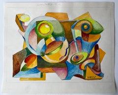 Abstract Cubist Still Life with Geometric Forms French Gouache