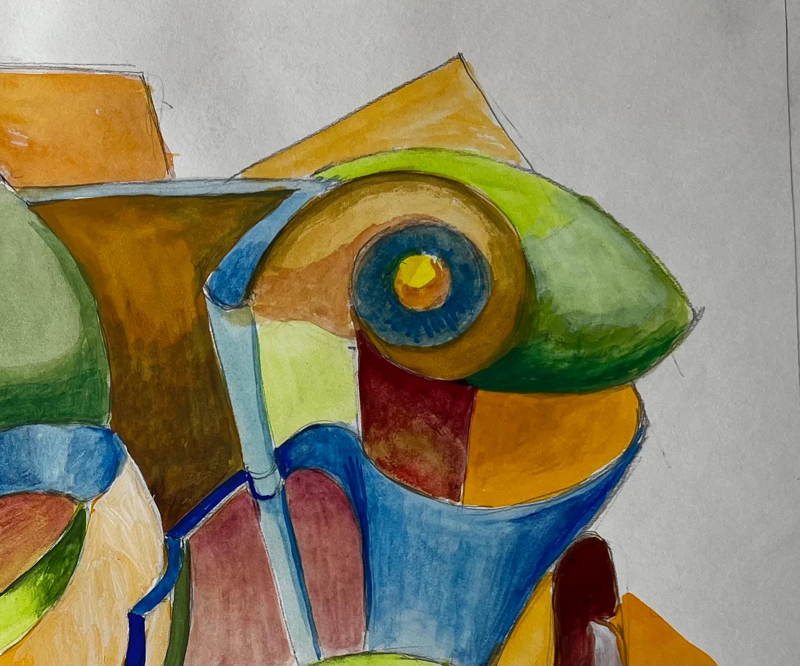 Natura morta cubista astratta con forme geometriche Gouache francese - Landscape Art Marrone di Guy Nicod