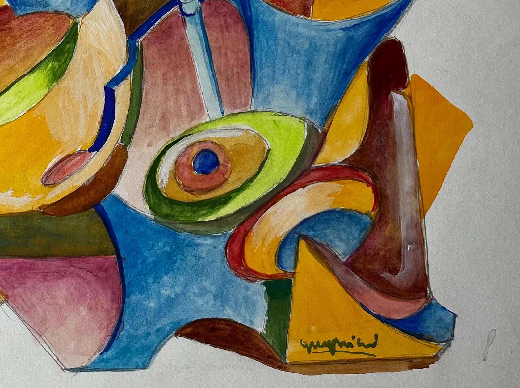 Natura morta cubista astratta con forme geometriche Gouache francese - Art Moderno di Guy Nicod