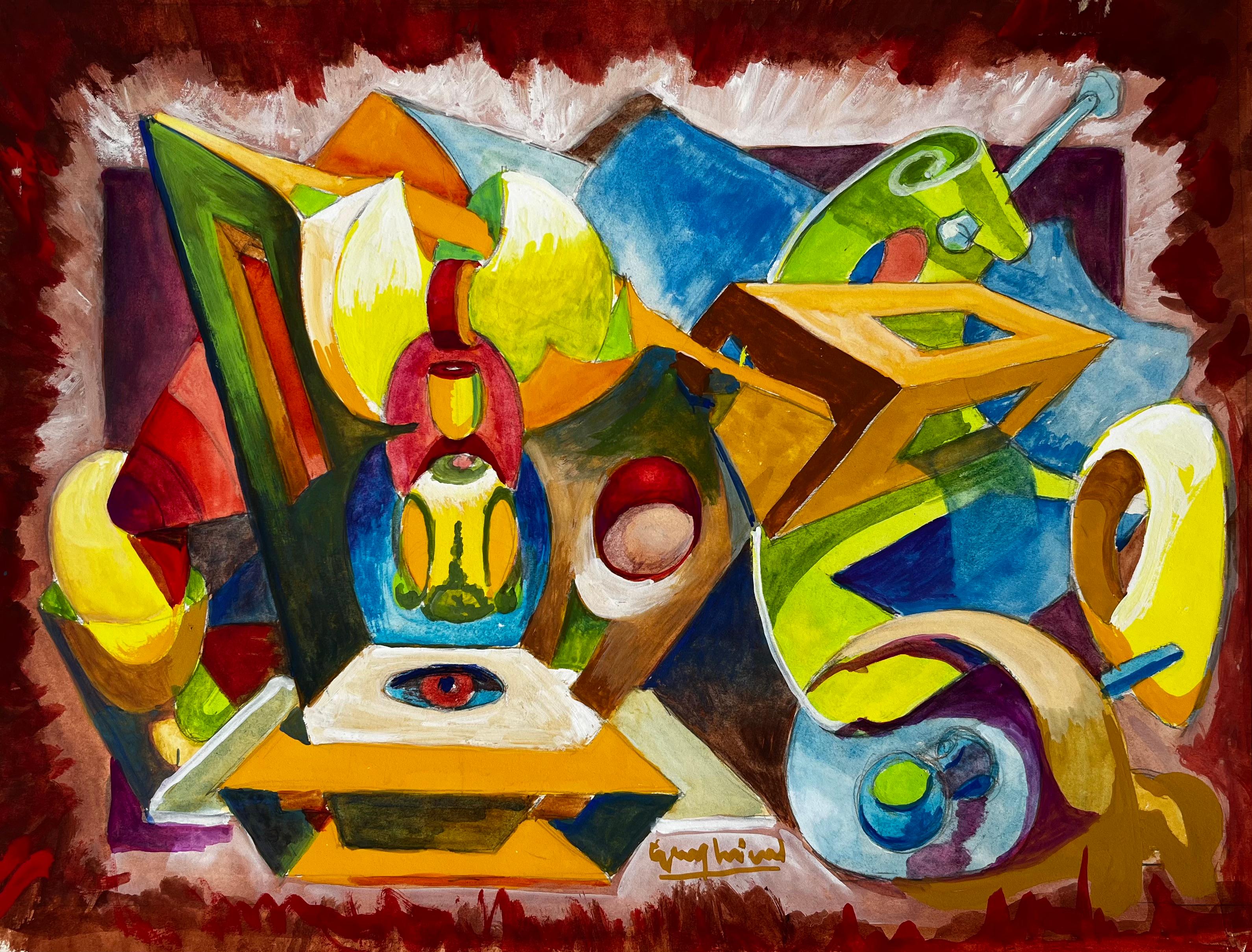 Abstract Cubist Still Life with Blue Vase and Yellow Forms French Gouache